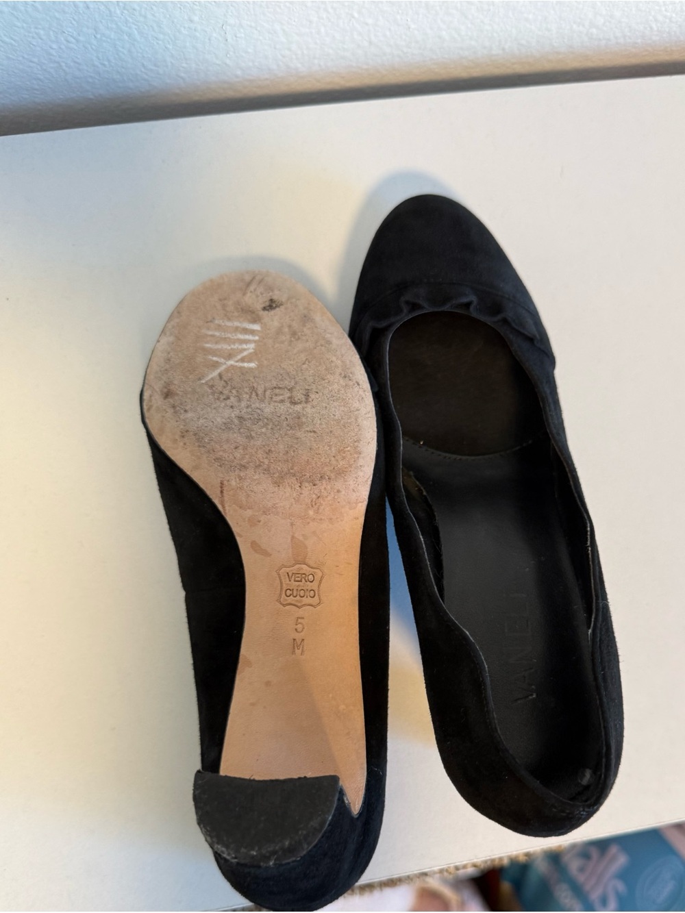 Vaneli Black Suede Heels w/scalloped edges and ruffle detail - Picture 3 of 4